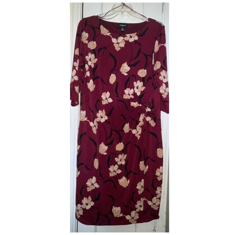Liz Claiborne Midi Dress in Burgundy with Cream Floral Print